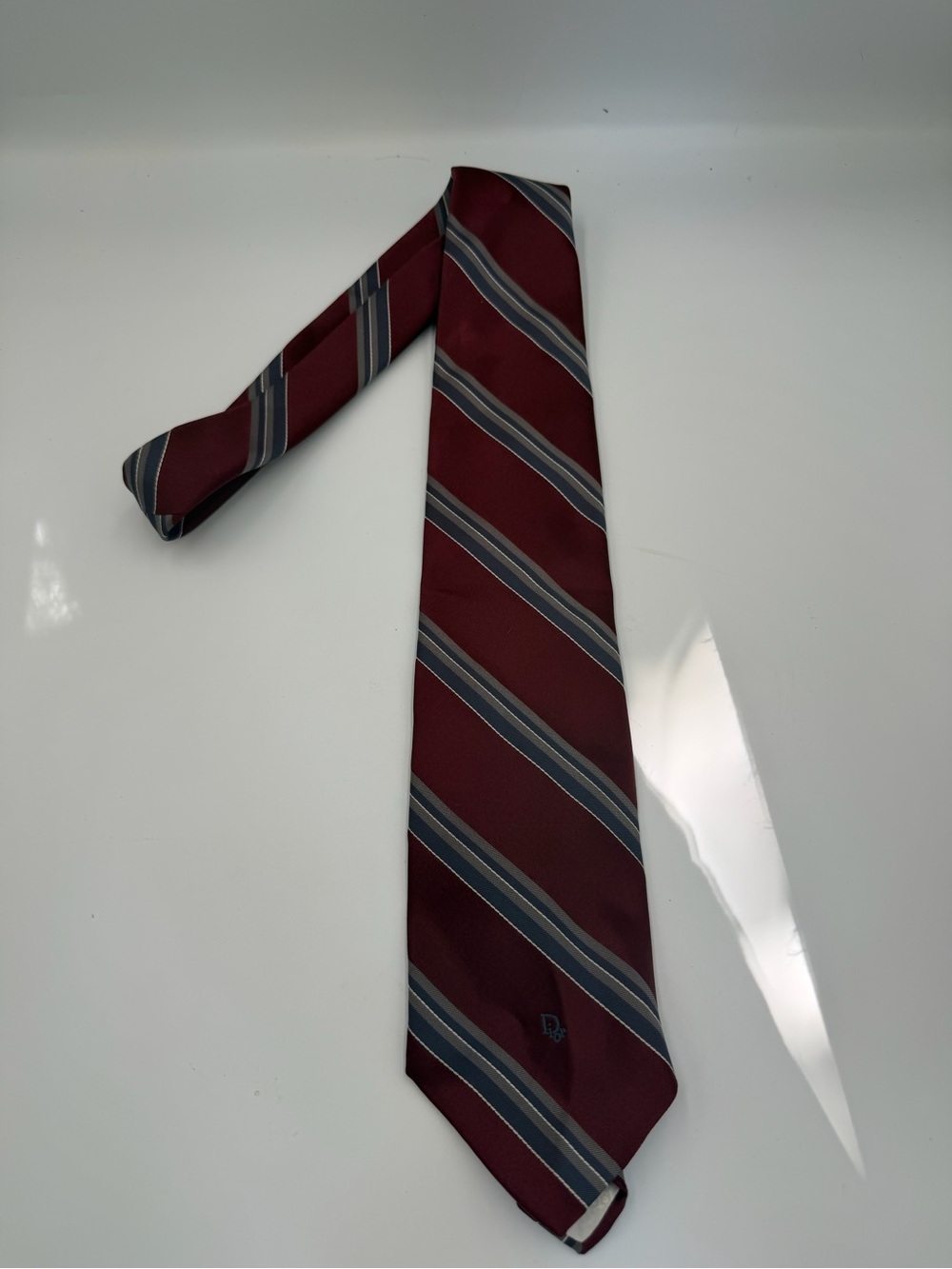 Dior Men's Burgundy Striped Tie with Gray and Blue Accents